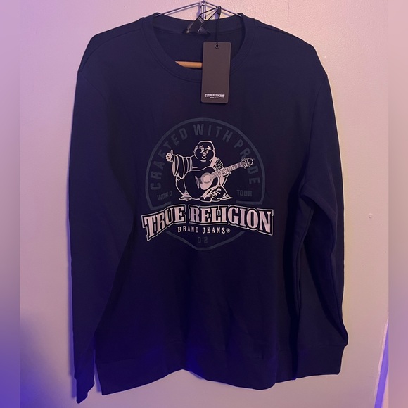 Mens True Religion Pullover Crewneck Logo Sweatshirt Navy Blue Green - Picture 2 of 5
